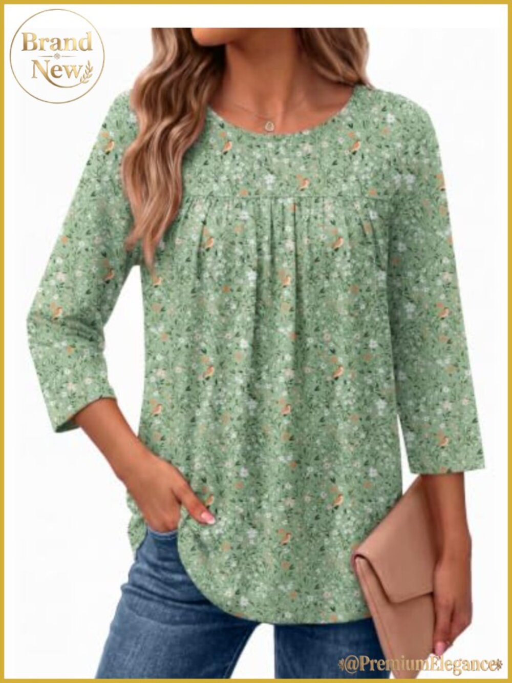 Ekouaer Women's 3/4 Sleeve Pleated Front Boho Blouse Casual T-Shirt